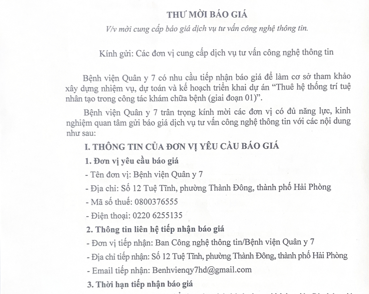 Bệnh viện Quân y 7, Cục Hậu cần - Kỹ thuật, Quân khu 3 có nhu cầu tiếp nhận báo giá để tham khảo, xây dựng giá gói thầu, làm cơ sở tổ chức lựa chọn nhà thầu gói thầu: